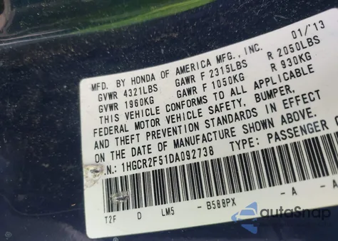 2013 Honda Accord Sport из США, поврежденный, VIN 1HGCR2F51DA092738